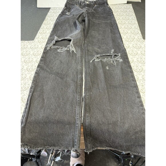 Zara Jeans‎ Women 4 Black Straight Leg High Rise Dark Wash Distressed Rock Biker - Picture 6 of 7